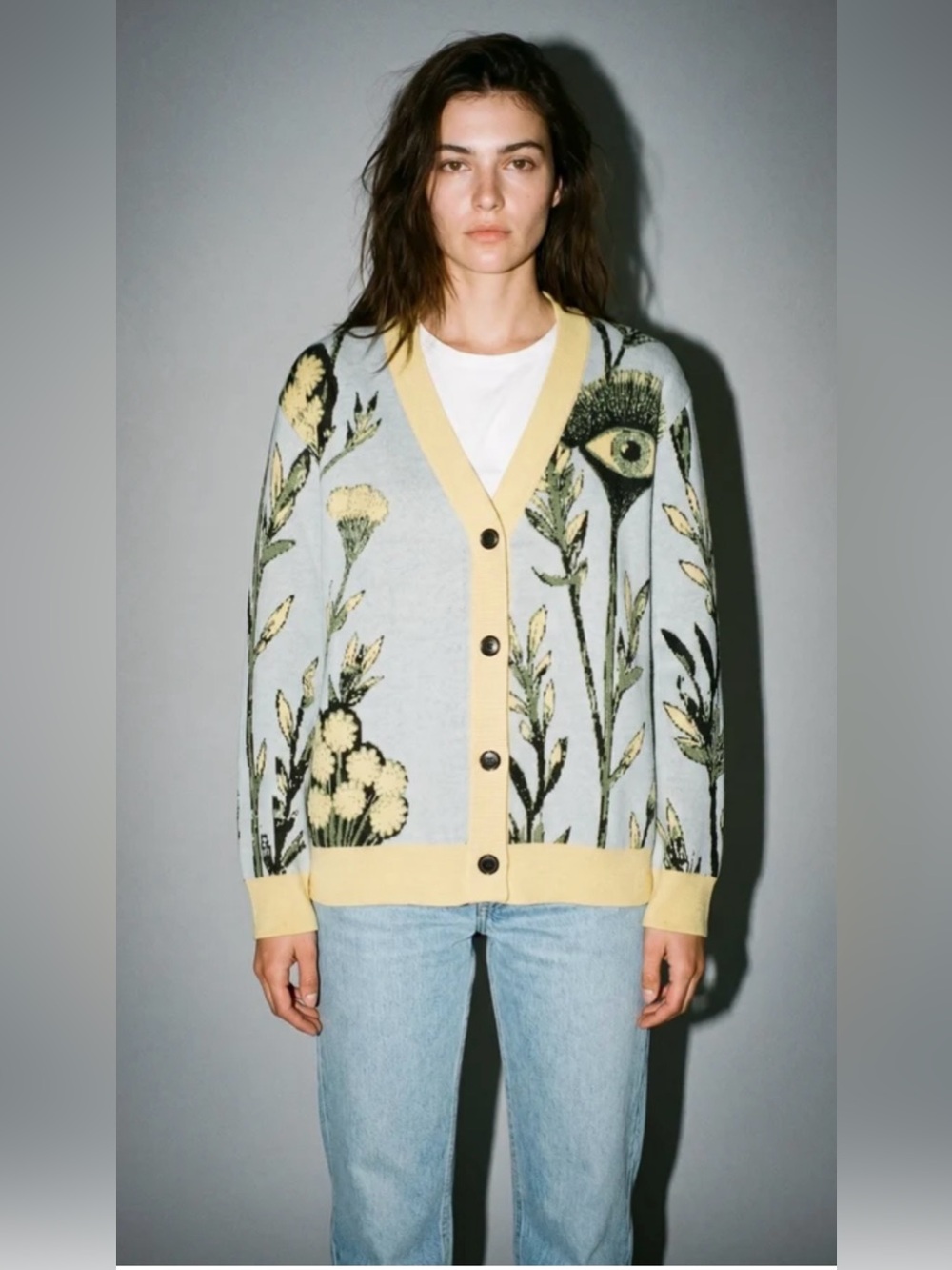 Riffhaus TANSY EYE Cardigan M Botanical Eye Jacquard Statement Knit Sweater